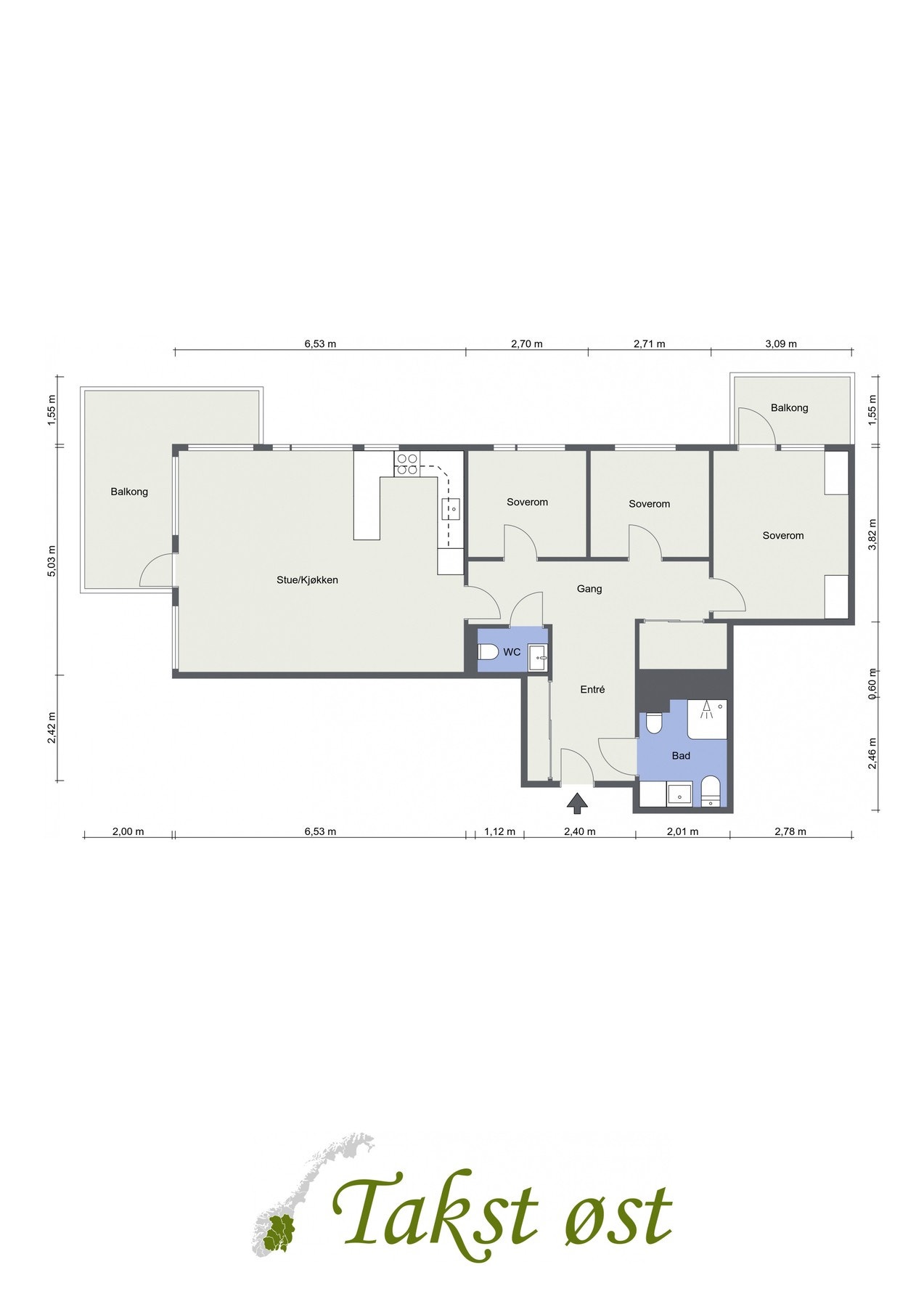 Plantegning. I tillegg disponerer leiligheten en kjellerbod på ca. 6 kvm. Galleribilde