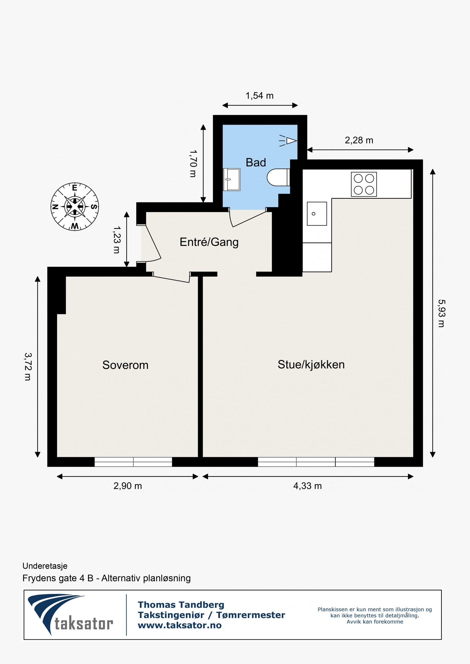 Alternativ Planskisse. Dersom det ønskes å flytte kjøkken ut i spisestuen, må kjøper selv undersøke muligheter for dette med fagmann, bygningsmyndigheter og styret. Galleribilde