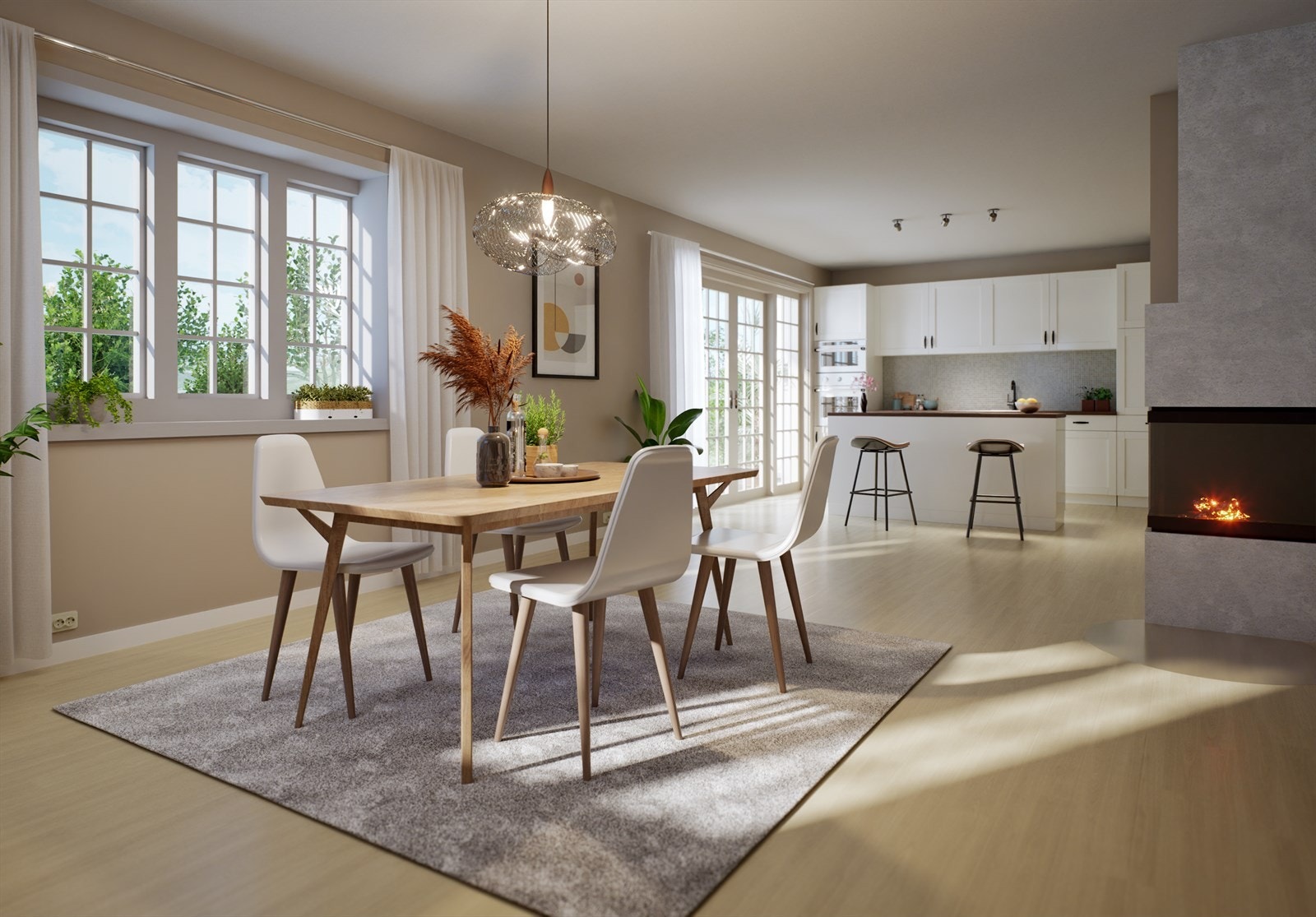 Boligen er utformet med nøye gjennomtenkte løsninger som fremhever det aller beste. Kjøkken og stue er plassert i en åpen og sosial løsning som strekker seg over store deler av 1. etasje med spisestuen som et naturlig bindeledd. Galleribilde