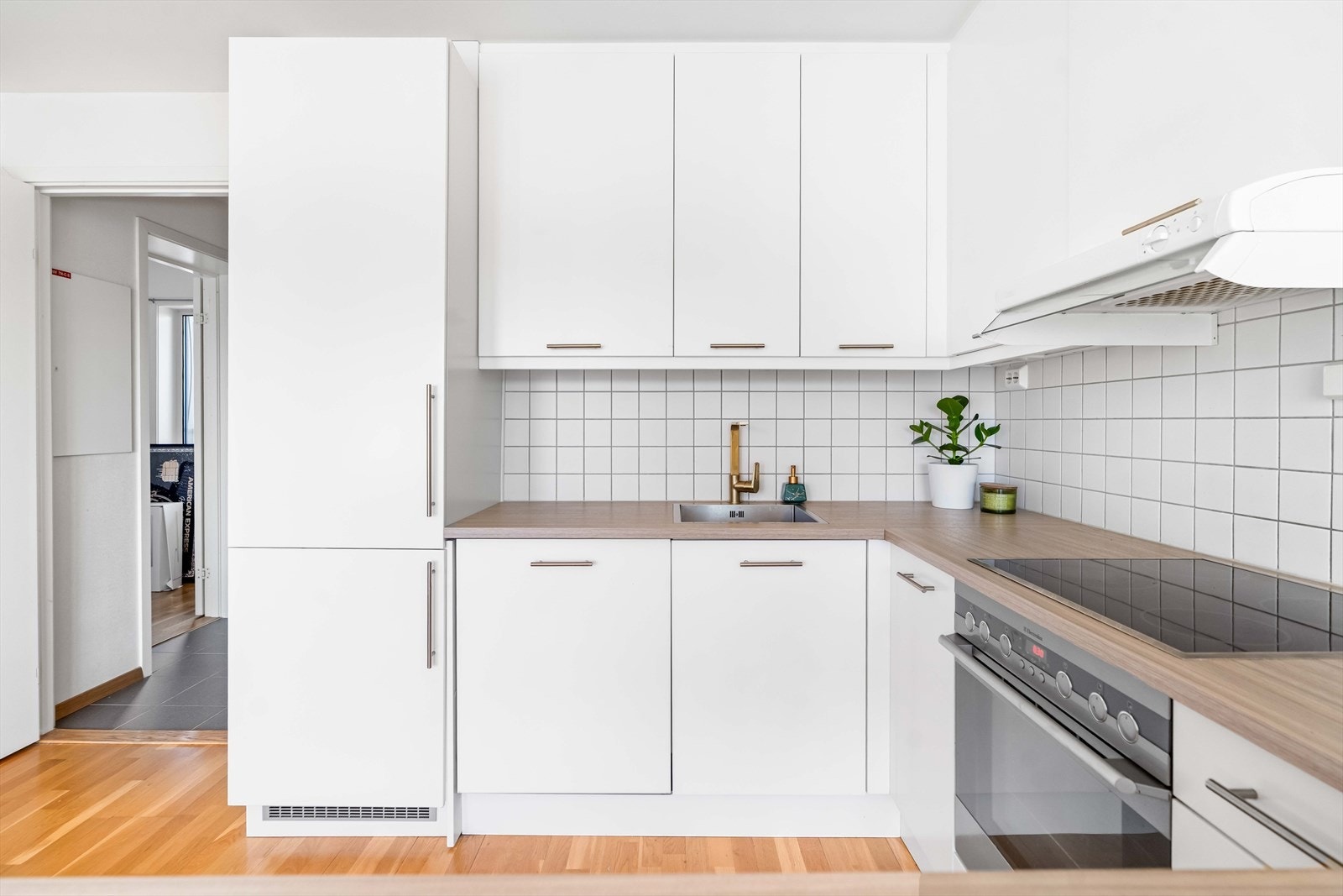 Innredningen er fra Blum og har skap med glatte fronter, samt laminert benkeplate med nedsenket oppvaskkum og ett greps blandebatteri. Galleribilde