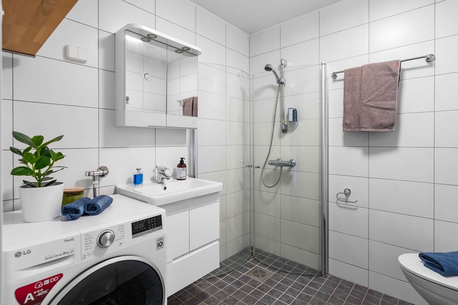 Rommet er utstyrt med mekanisk avtrekk, opplegg for vaskemaskin, innfellbare dusjdører, veggmontert wc og servantskap med ett greps blandebatteri fra Oras. Det er lun gulvvarme. Galleribilde