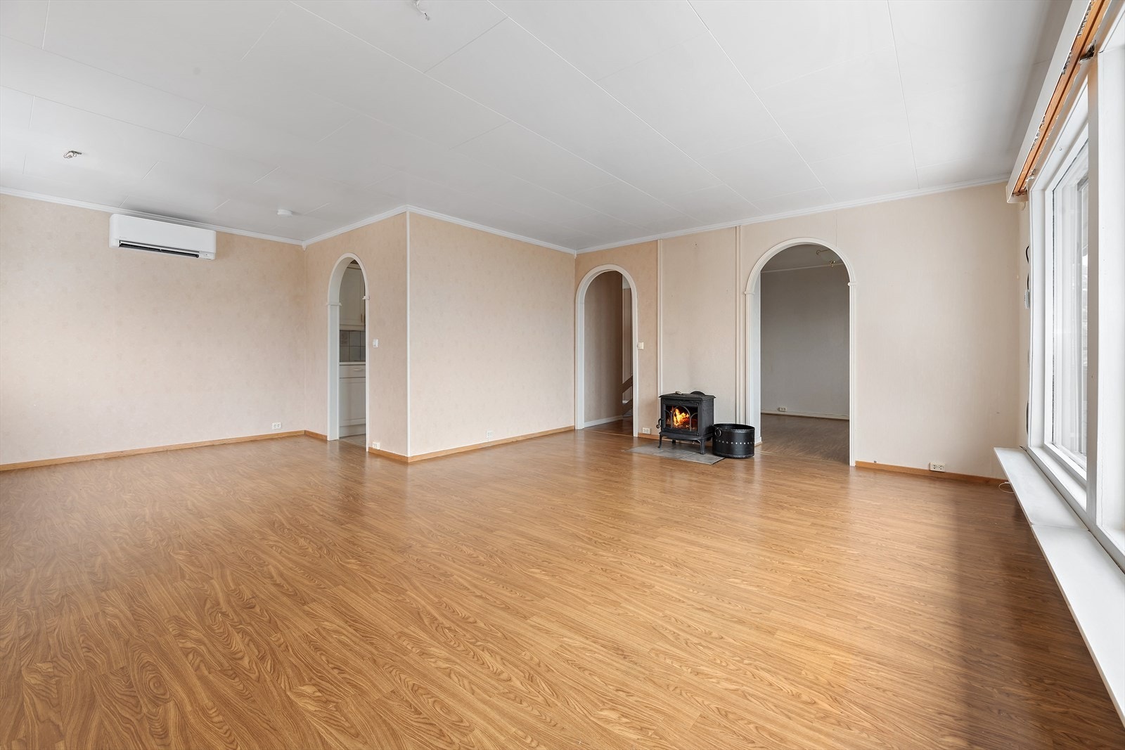 På kalde dager er det fantastisk med både varmepumpe og vedovn. I tillegg er det vedovn i sokkeletasjen. Galleribilde