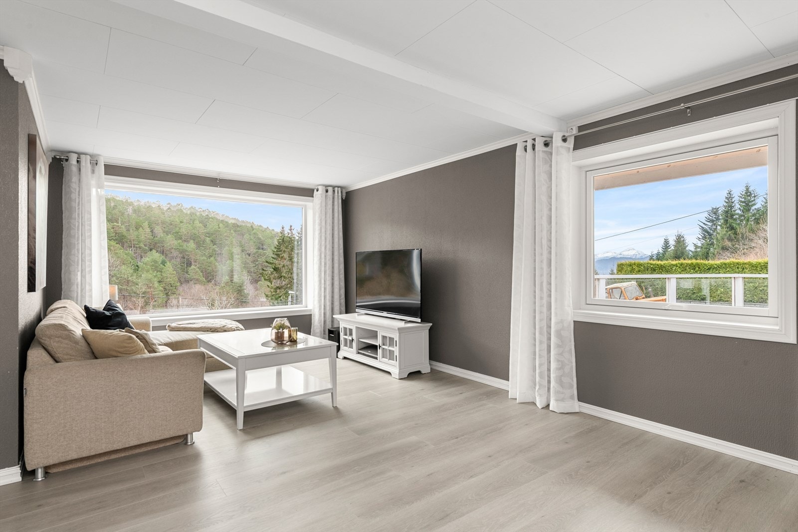 Stuen har flere store vindusflater som slipper inn rikelig med naturlig lys Galleribilde