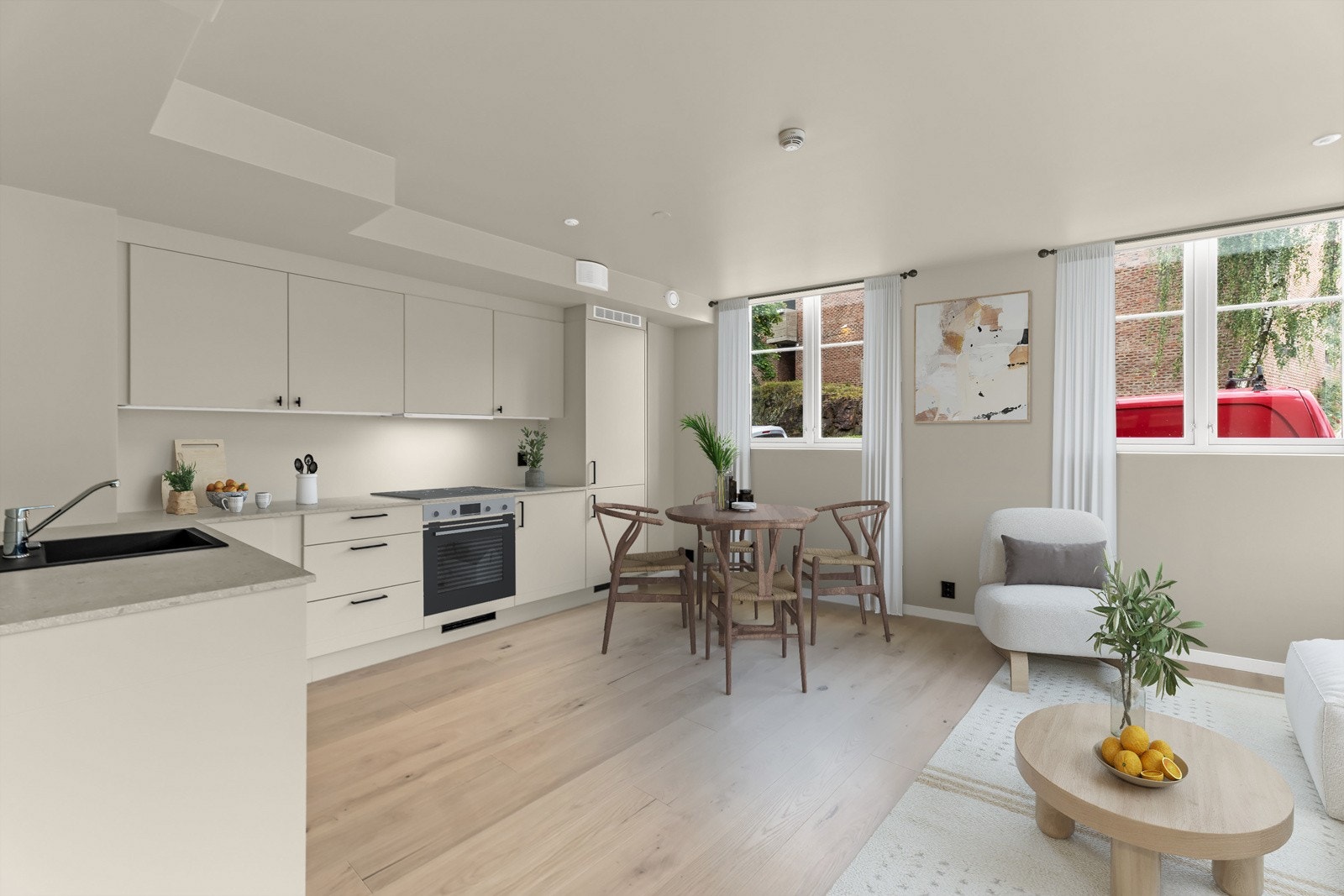 Flott stue med lys inn fra to flater. Bilde er digitalt stylet. Galleribilde