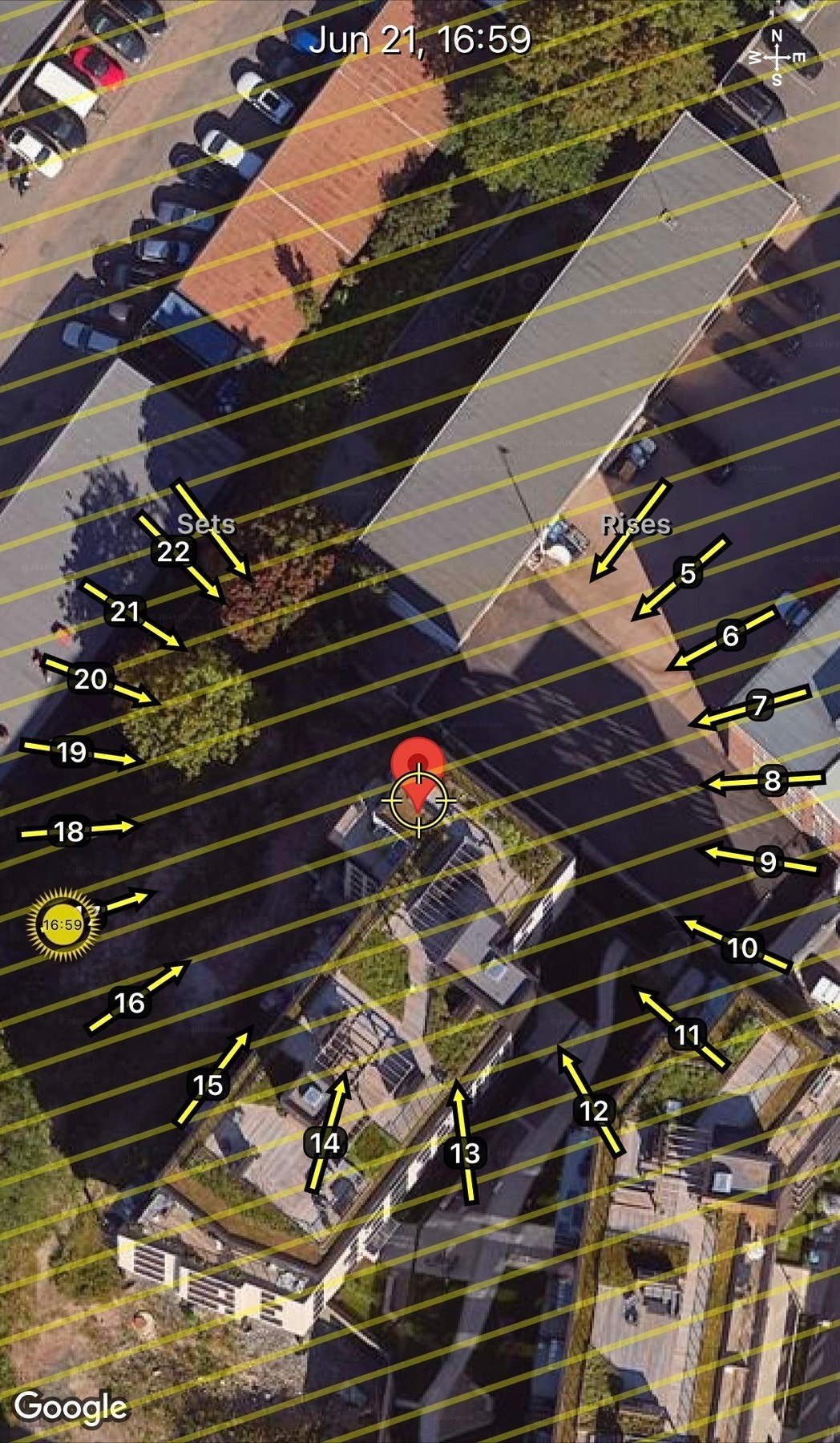 Meget gode solforhold fra ca. kl. 17:00 til 22:00, basert på solforhold rundt 21. juni. Faktiske forhold kan avvike som følge av omkringliggende bebyggelse, vegetasjon eller terreng. Galleribilde