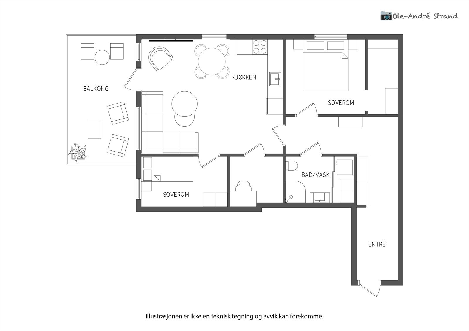 Leiligheten ligger i byggets 2.etasje og inneholder følgende: Entré/gang, stue med åpen kjøkkenløsning, 2 soverom, baderom, bod og garderoberom. Galleribilde