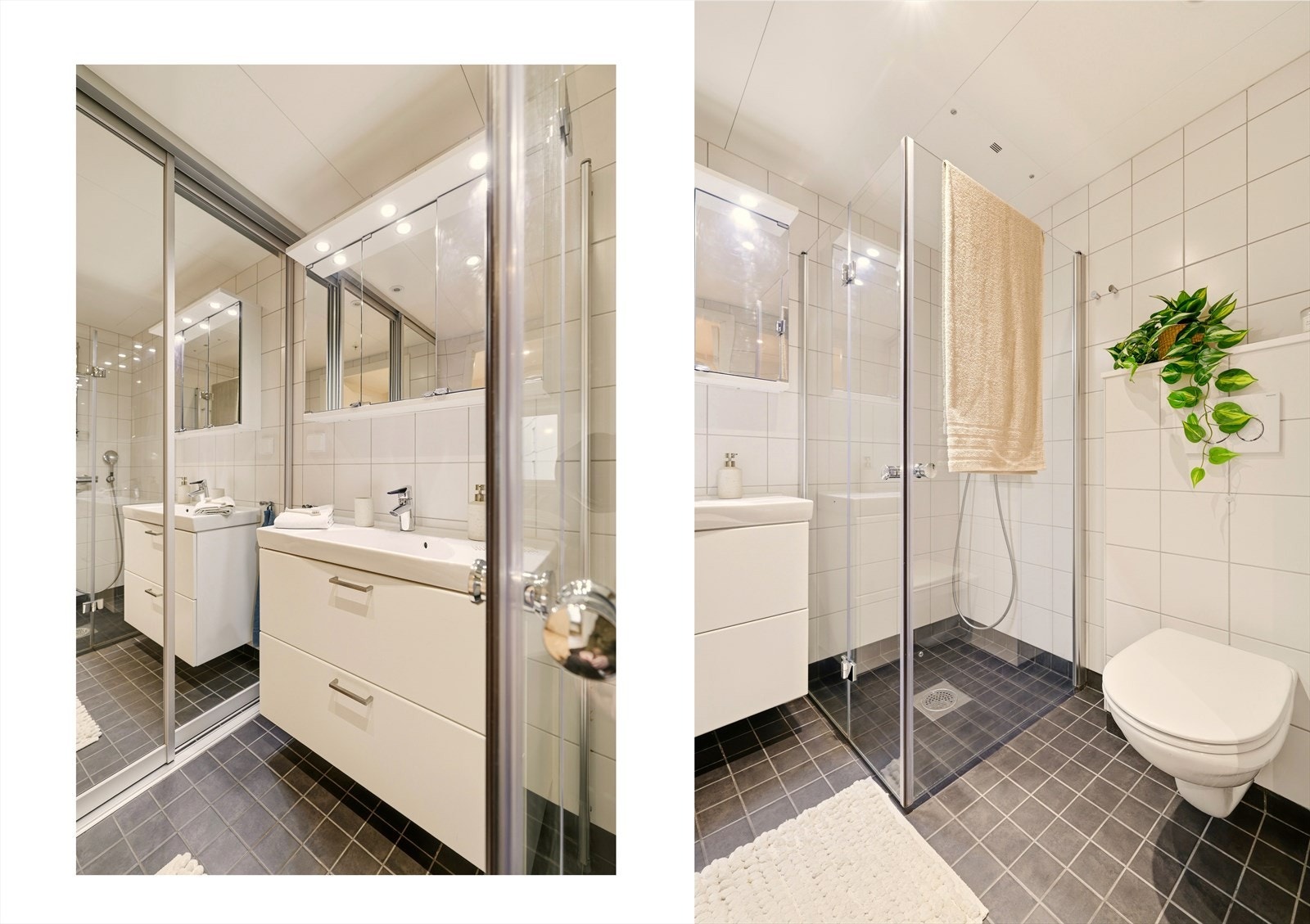 Baderommet har tilkomst fra gangen og er et helfliset bad med varme i gulv. Badet inneholder innredning med nedfelt servant, veggmontert toalett og dusjvegger med dusjgarnityr. Badet har opplegg for vaskemaskin plassert bak speilskyvedører. Galleribilde