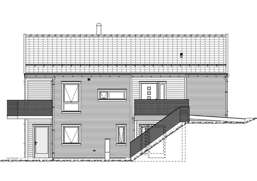 Eksempel på husmodell Nevie for skrå tomt. Bilde lånt fra www.abchus.no Galleribilde