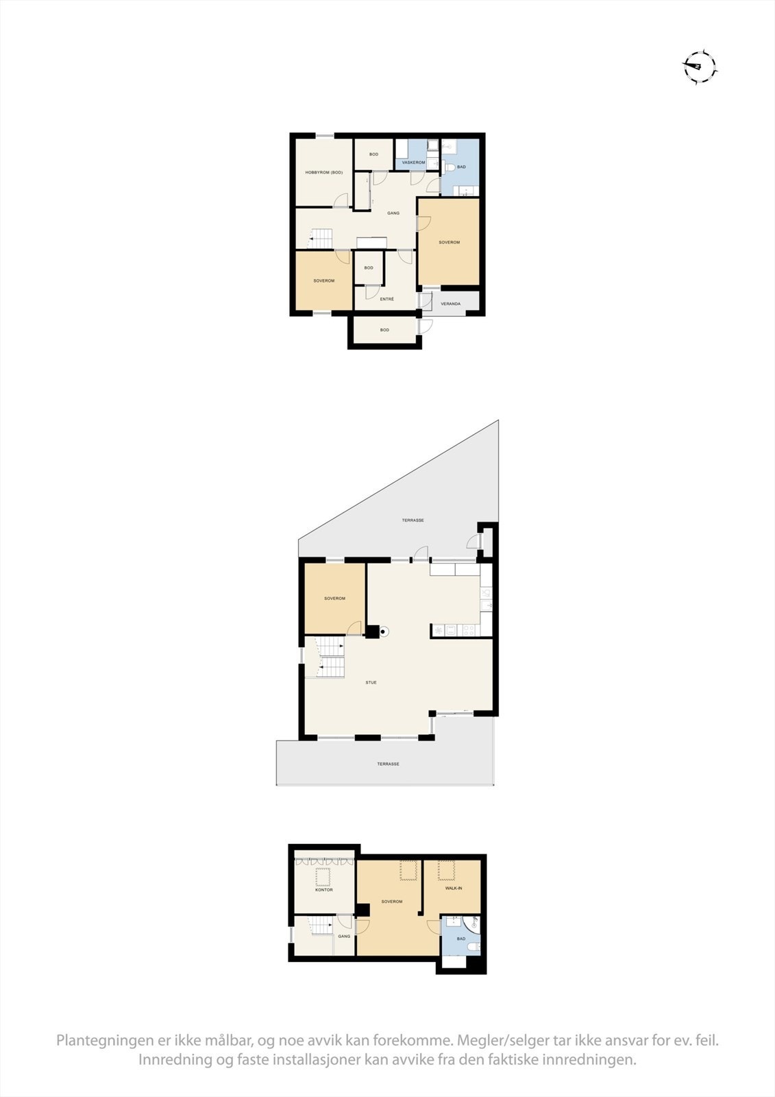 Plantegningene gir en god oversikt over boligens innvendige areal på hele 178 m² BRA-i fordelt på tre plan. Galleribilde