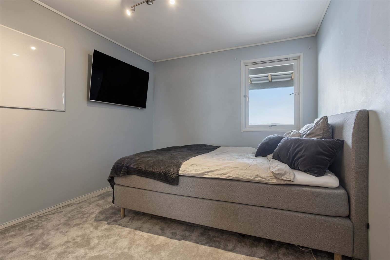 Et av to soverom i underetasjen, lunt og behagelig rom med teppe på gulv og malte platevegger. Galleribilde