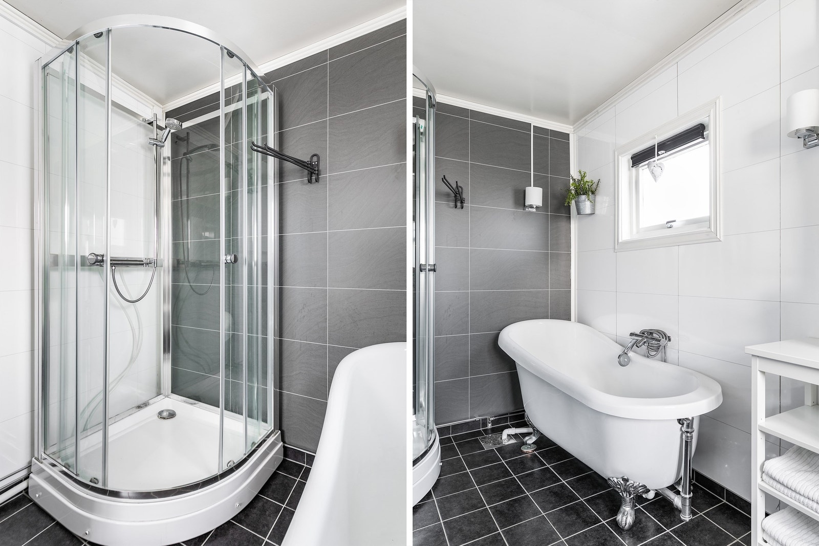 Dusjkabinett og badekar gir valgfrihet og begrenser i tillegg vannpåkjenning på gulvet og veggene. Galleribilde