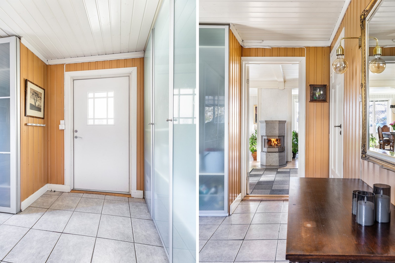 I den romslige entreen er det rikt med skapplass. Gulvet har varme og en praktisk overflate av fliser. Galleribilde