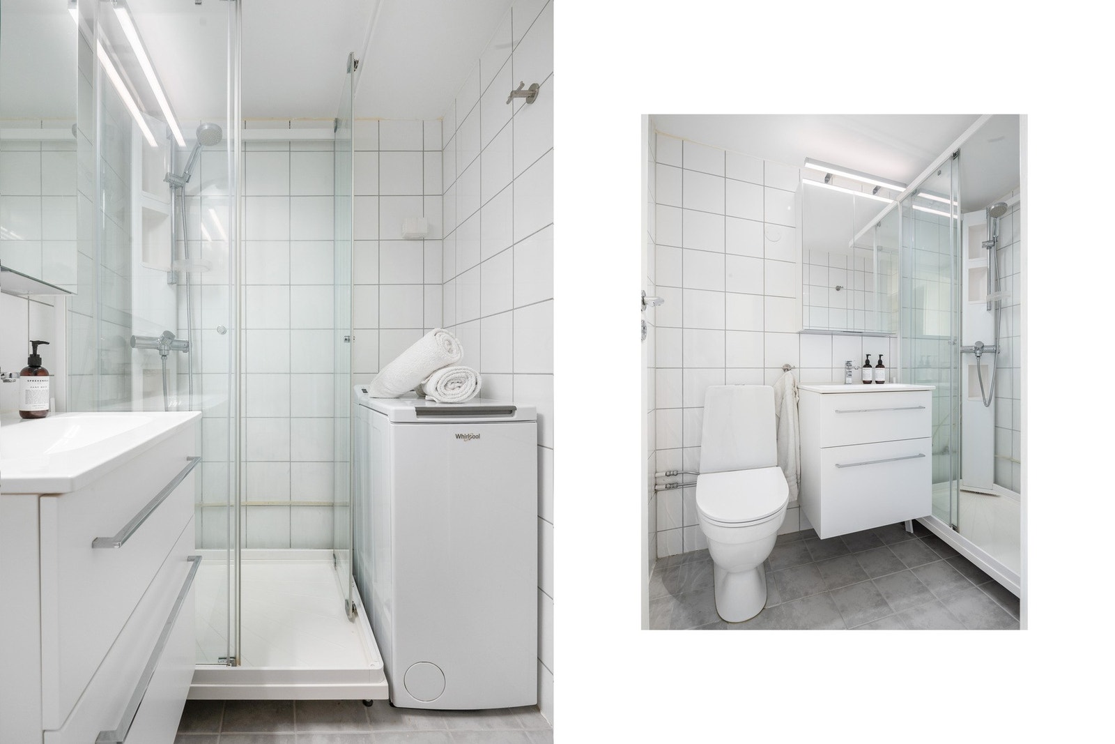 Flislagt bad som er innredet med servantskap, speil, dusjkabinett og gulvstående toalett. Galleribilde