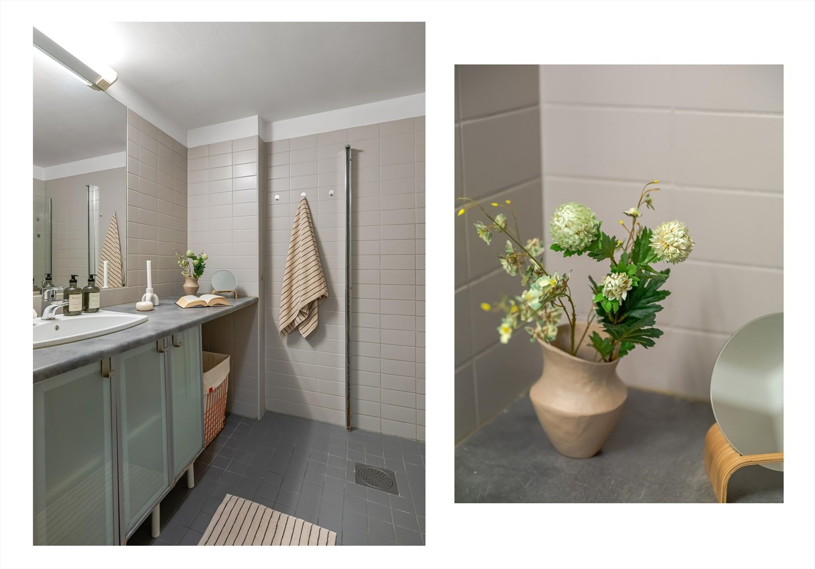 Badet er innredet med nedfelt servant på benkeplate, underskap og vegghengt speil med overbelysning. Galleribilde