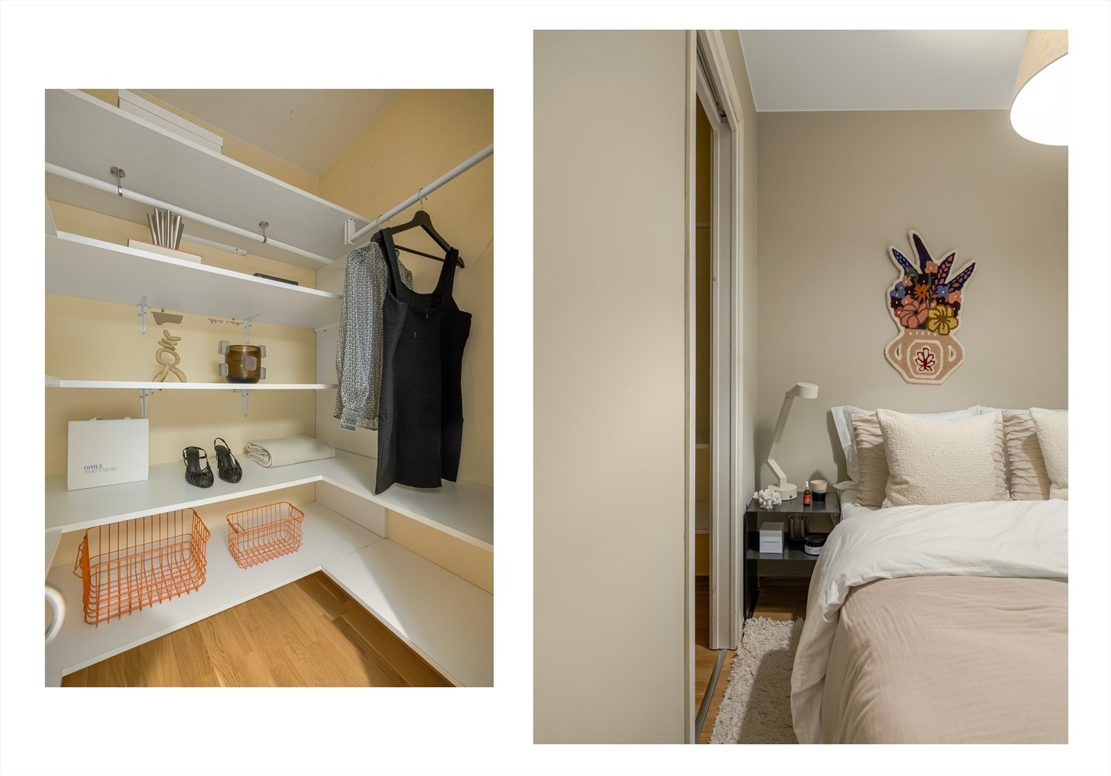 Praktisk, innbygd gardeobeskap med hyller og oppheng. Galleribilde