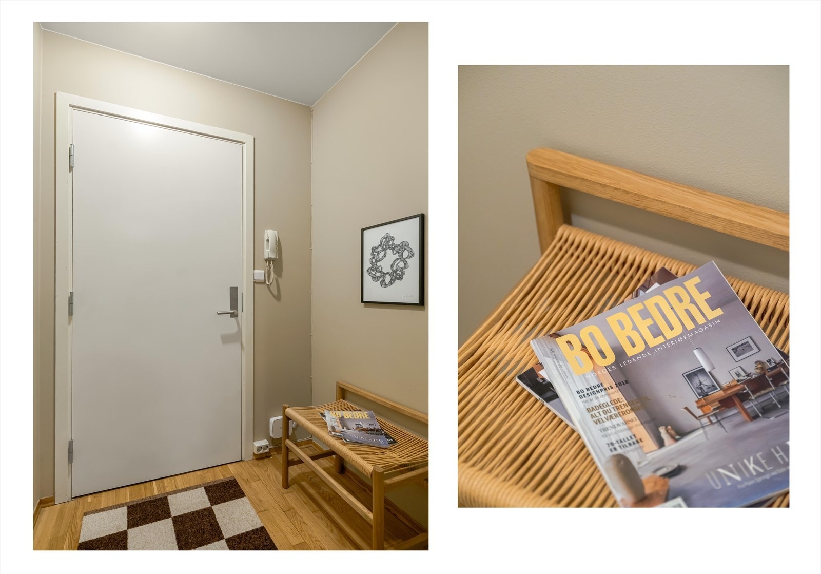 Lys entré med plass for klesoppheng og oppbevaring av sko. Galleribilde