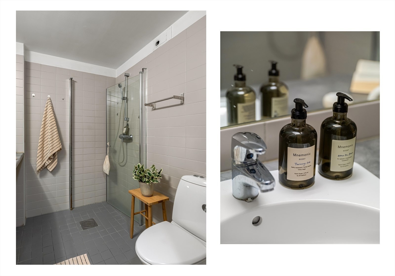 Det er også dusjhjørne med innfellbare glassdører og dusjarmatur tilkoblet hånddusj, samt gulvstående toalett. Galleribilde