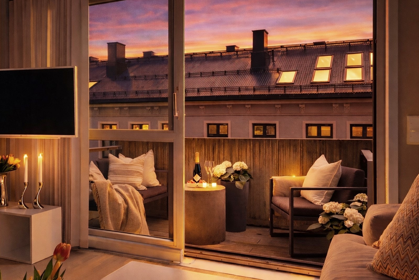 Fantastisk kveldsstemning i leiligheten. Galleribilde