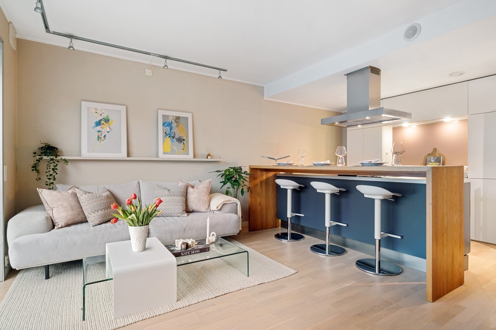 Lys og hyggelig stue med åpen kjøkkenløsning som understreker en arealeffektiv planløsning. Galleribilde