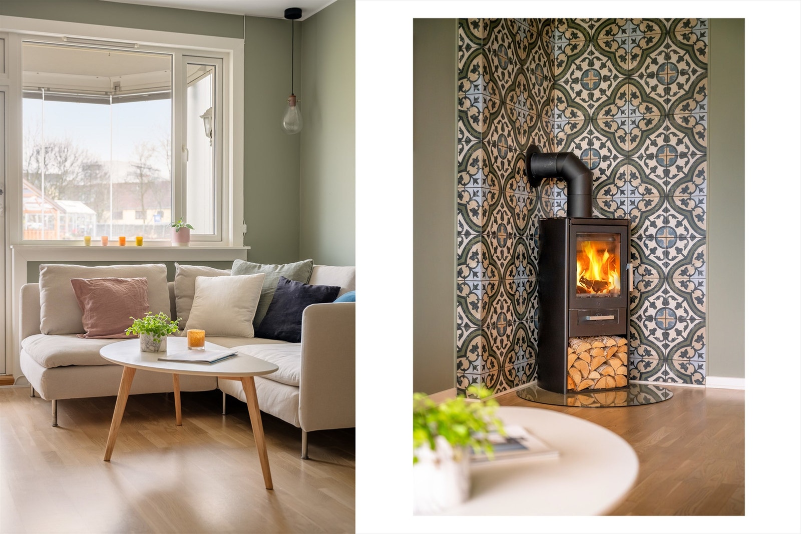 Flott peisovn i stuen fungerer som et fint møbel i seg selv og gir rommet et hjemmekoselig preg Galleribilde