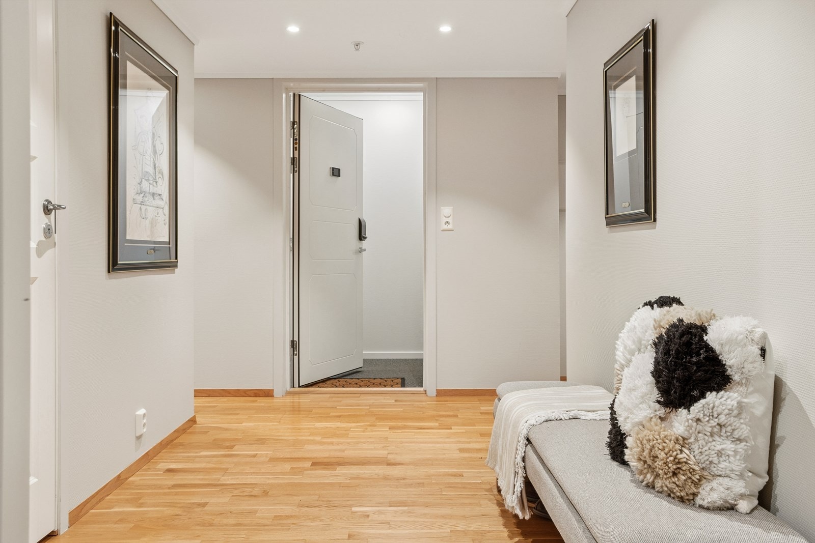 Meget romslig entrè, som i likhet med alle oppholdsrom i leiligheten, er nymalt i 2026. Galleribilde