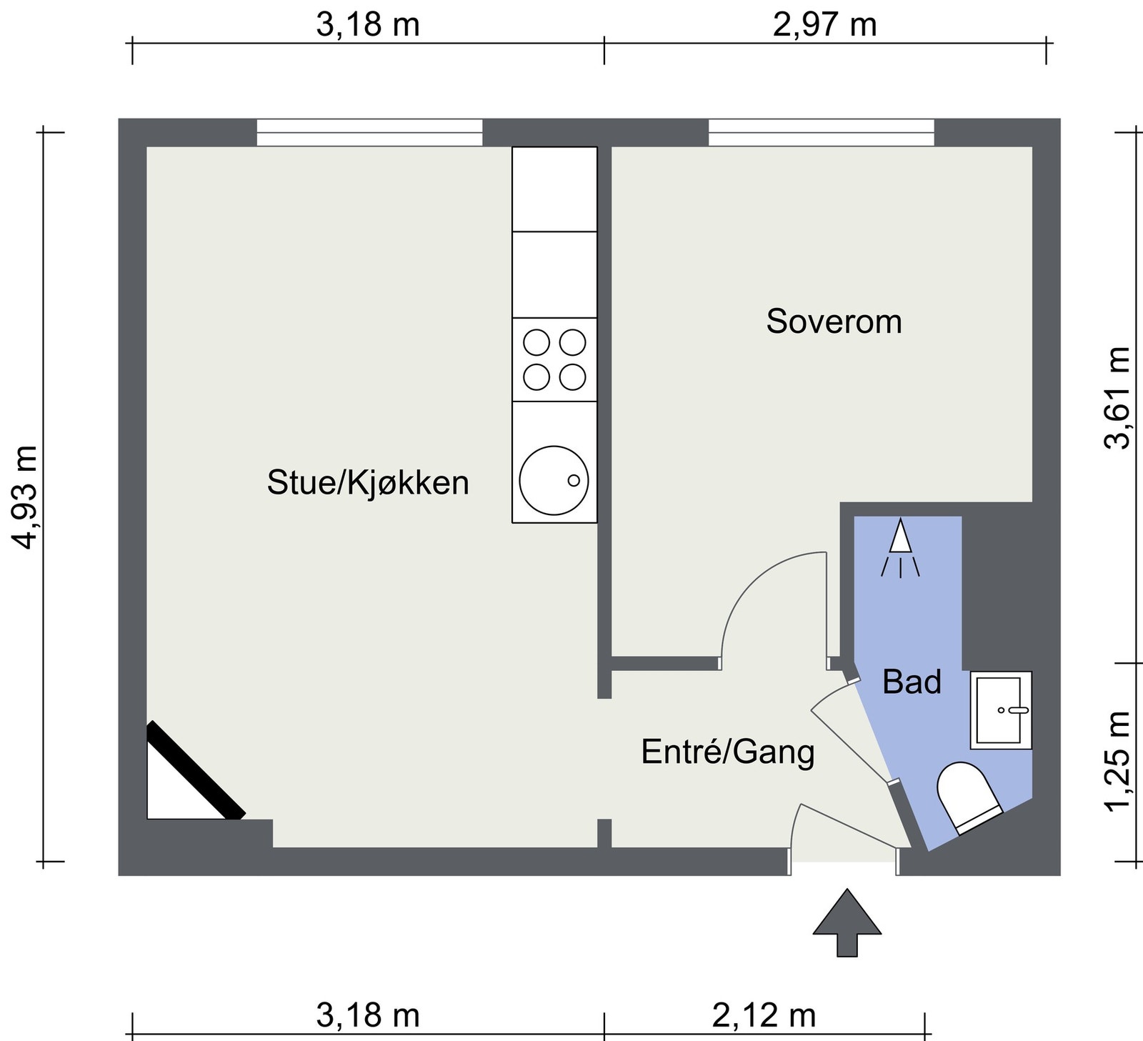 Alternativ planskisse som 2-roms - kun ment som inspirasjon, og det er den enkeltes ansvar å undersøke om, og eventuelt hvordan, løsningen kan gjennomføres. Galleribilde
