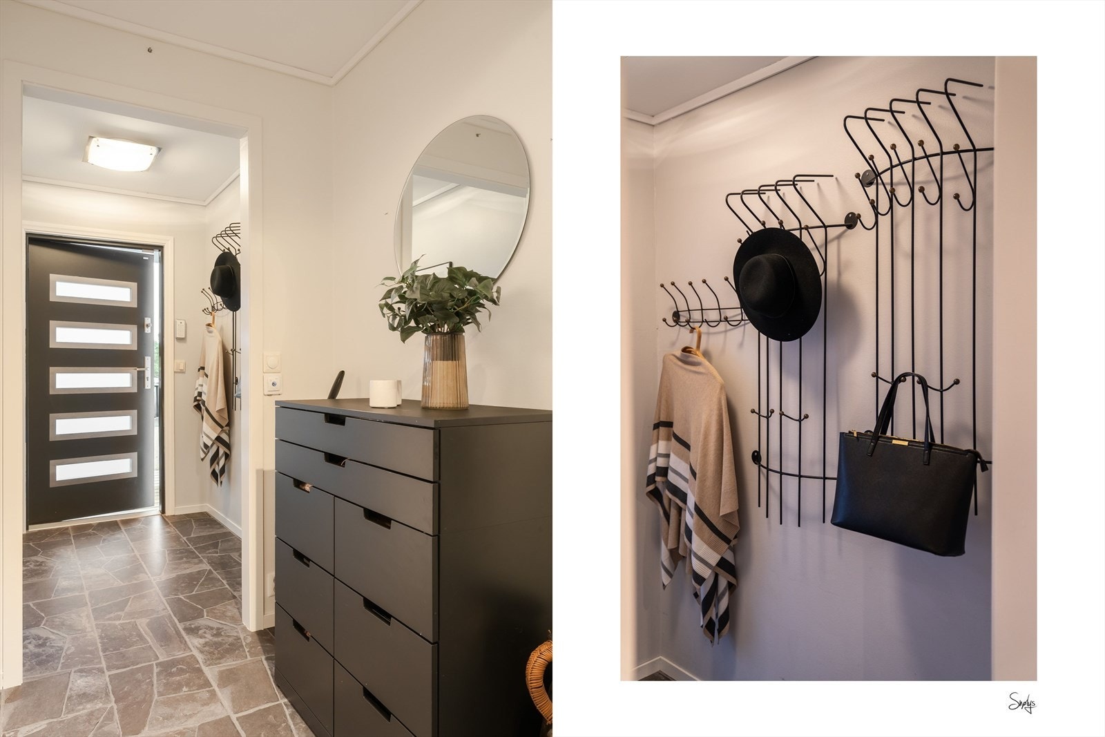 Velkommen inn! Et velholdt og elegant inngangsparti med plass til å sette fra seg sko- og yttertøy Galleribilde