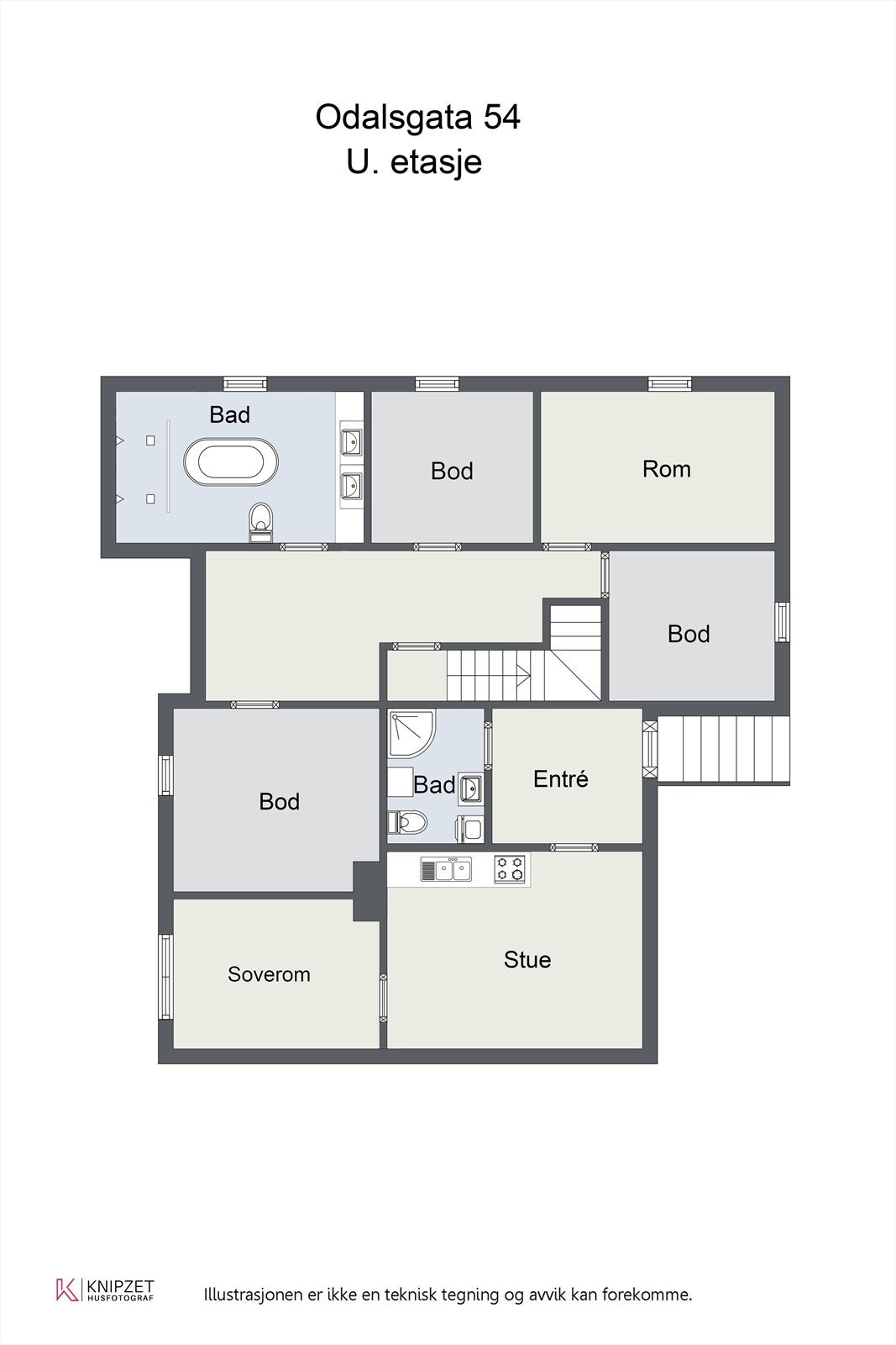 Plantegning underetasje inkludert godkjent utleiedel. Galleribilde