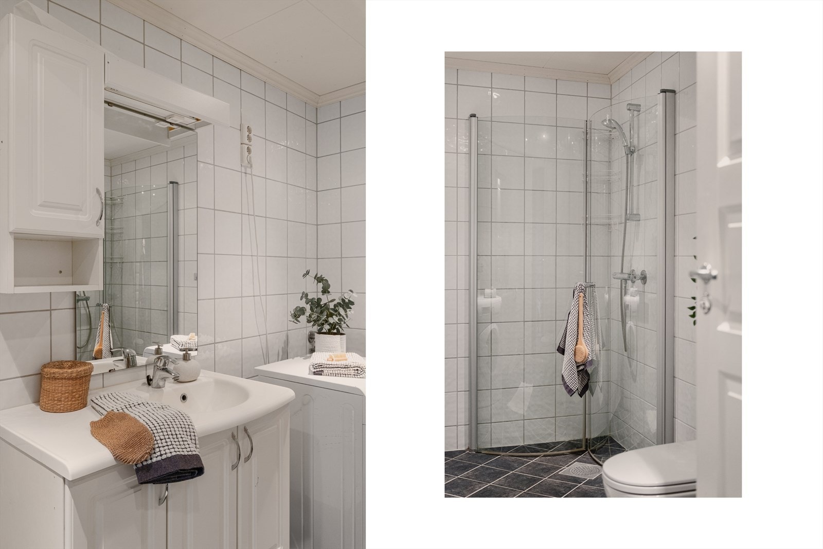 - Badet er innredet med vegghengt toalett, heldekkende servant, dusjdører i glass og opplegg for vaskemaskin - Galleribilde