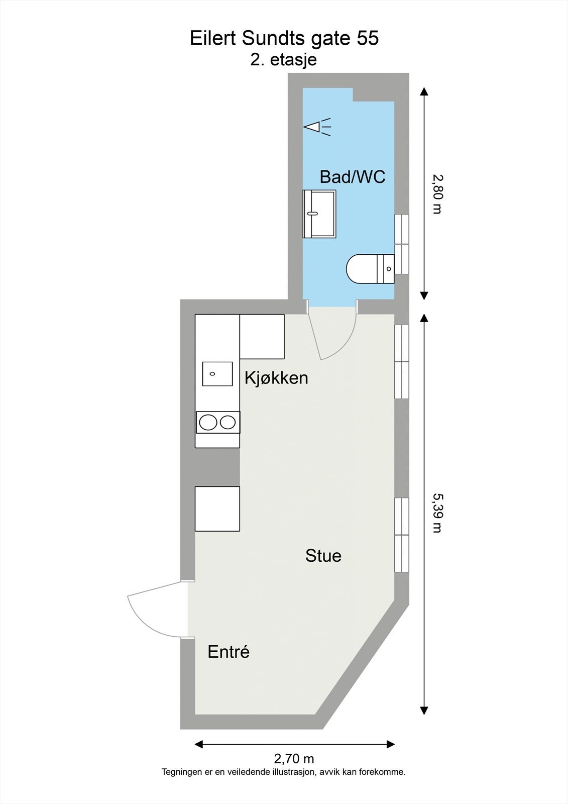Leiligheten ligger i 2. etasje og inneholder entré, stue/kjøkken og bad. I tillegg disponerer leiligheten en kjellerbod. Galleribilde
