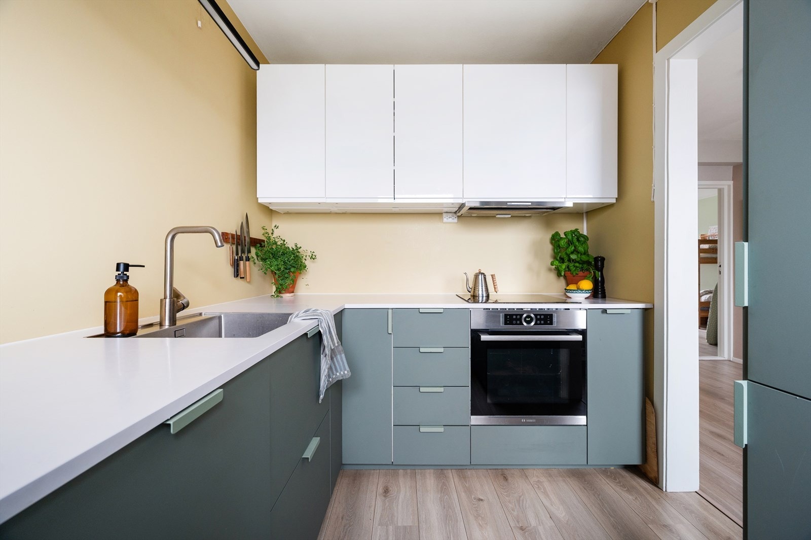 Kjøkkenet er utstyrt med integrert platetopp, komfyr, oppvaskmaskin og kjøl/frys, samt kjøkkenventilator med kullfilter. Galleribilde