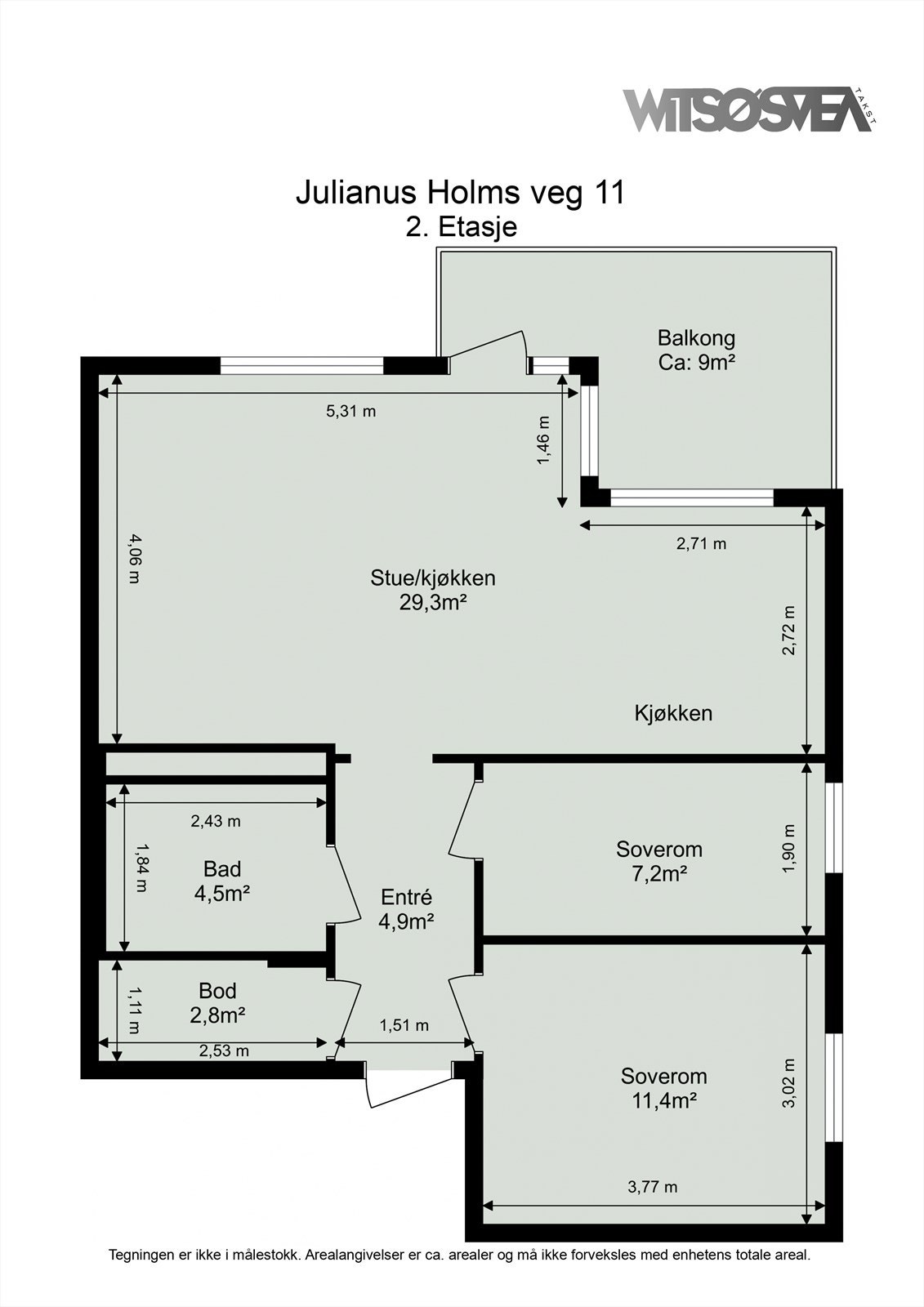 Hjørne-leiligheten har en arealeffektiv planløsning på 64 m² som omfatter to soverom, bad/wc, bod og en åpen sone for stue og kjøkken. Galleribilde