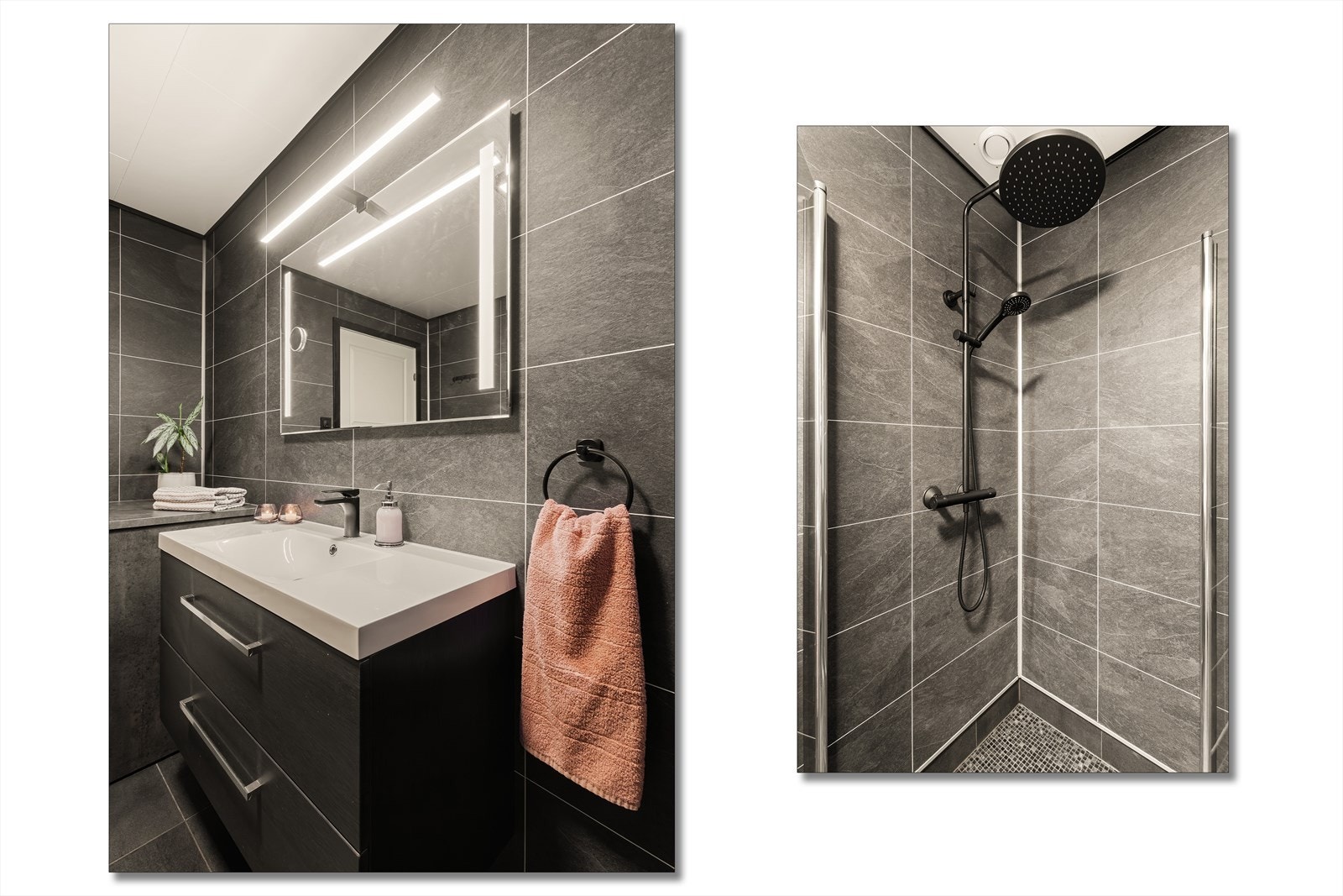 Badet er innredet med heldekkende servant med underskuffer, veggmontert toalett, dusjhjørne med to glassdører, høyskap samt opplegg for vaskemaskin. Galleribilde