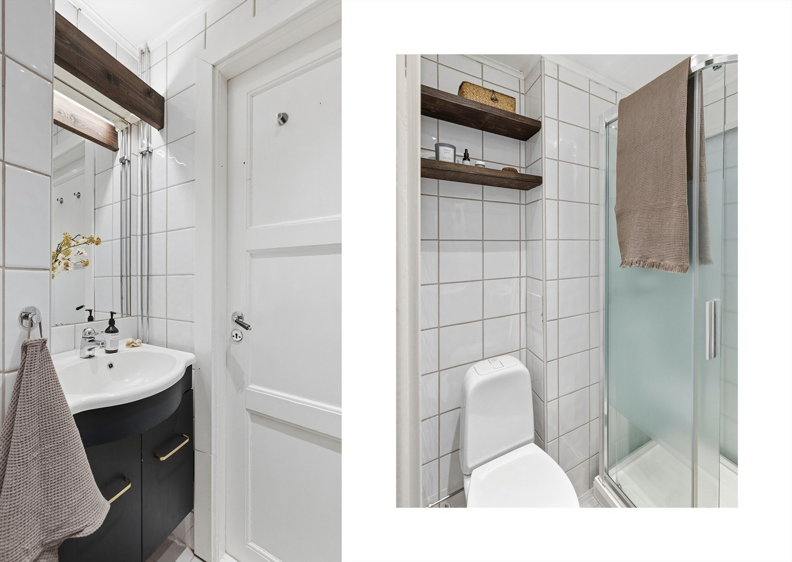 Downlights i himlingen bidrar til god belysning. Badet fremstår praktisk utnyttet og godt tilpasset boligens størrelse. Galleribilde