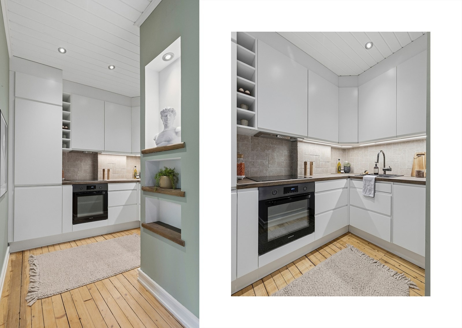 Kjøkkenet ligger i åpen løsning mot stuen og fremstår moderne og stilrent. Innredningen består av slette, hvite fronter med både over- og underskap som gir gode oppbevaringsmuligheter. Galleribilde