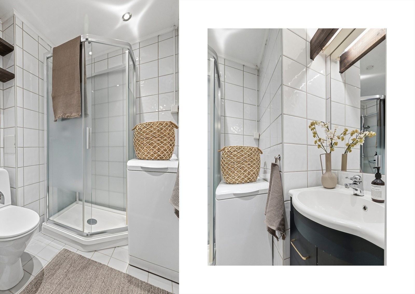 Badet er funksjonelt innredet med flislagt gulv med varmekabler og flislagte vegger. Rommet er utstyrt med dusjkabinett, servant med underskap, toalett samt opplegg for vaskemaskin. Galleribilde