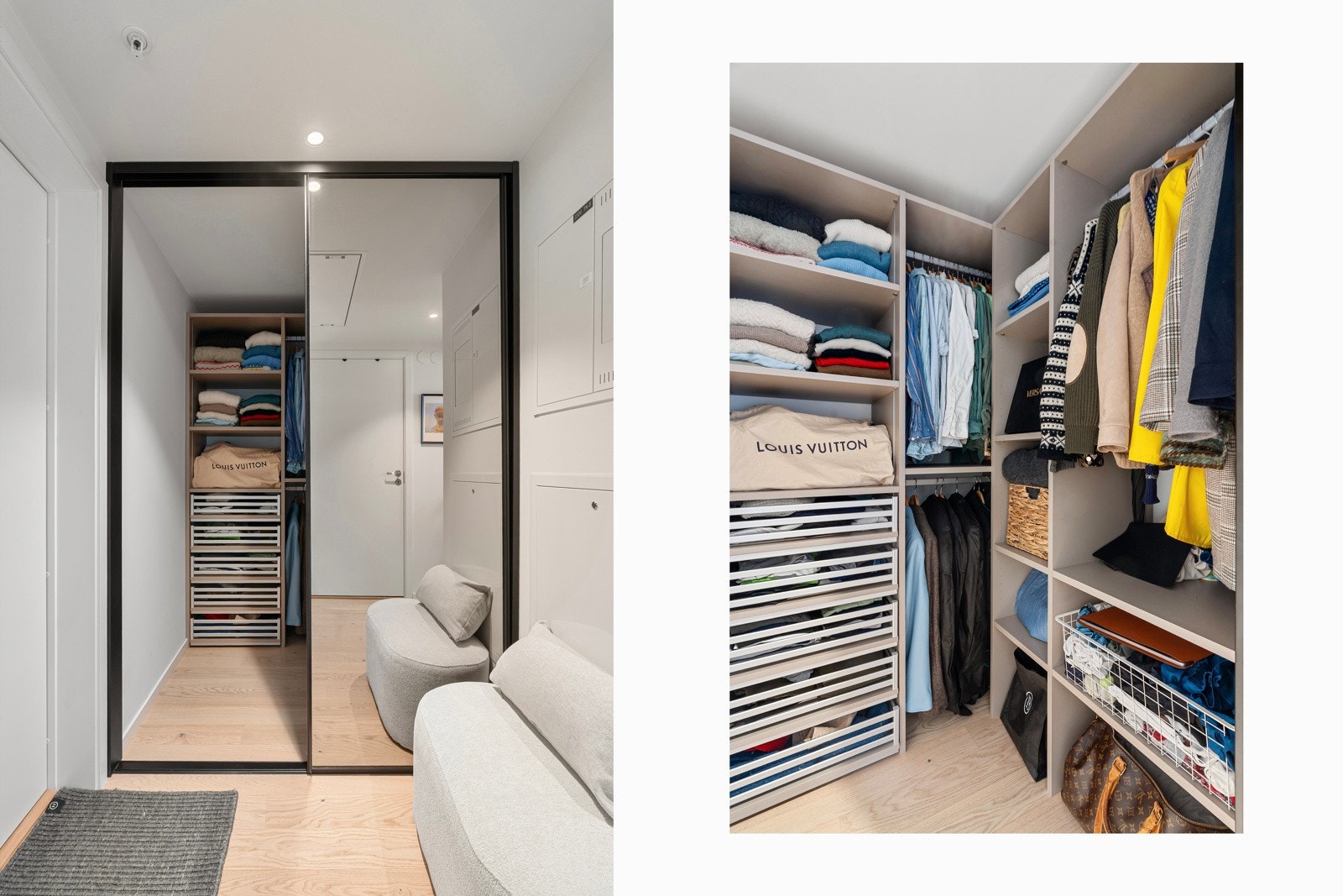 Stor og innholdsrik skyvedørsgarderobe i entreen, som nærmest fungerer som en innvendig bod. Galleribilde