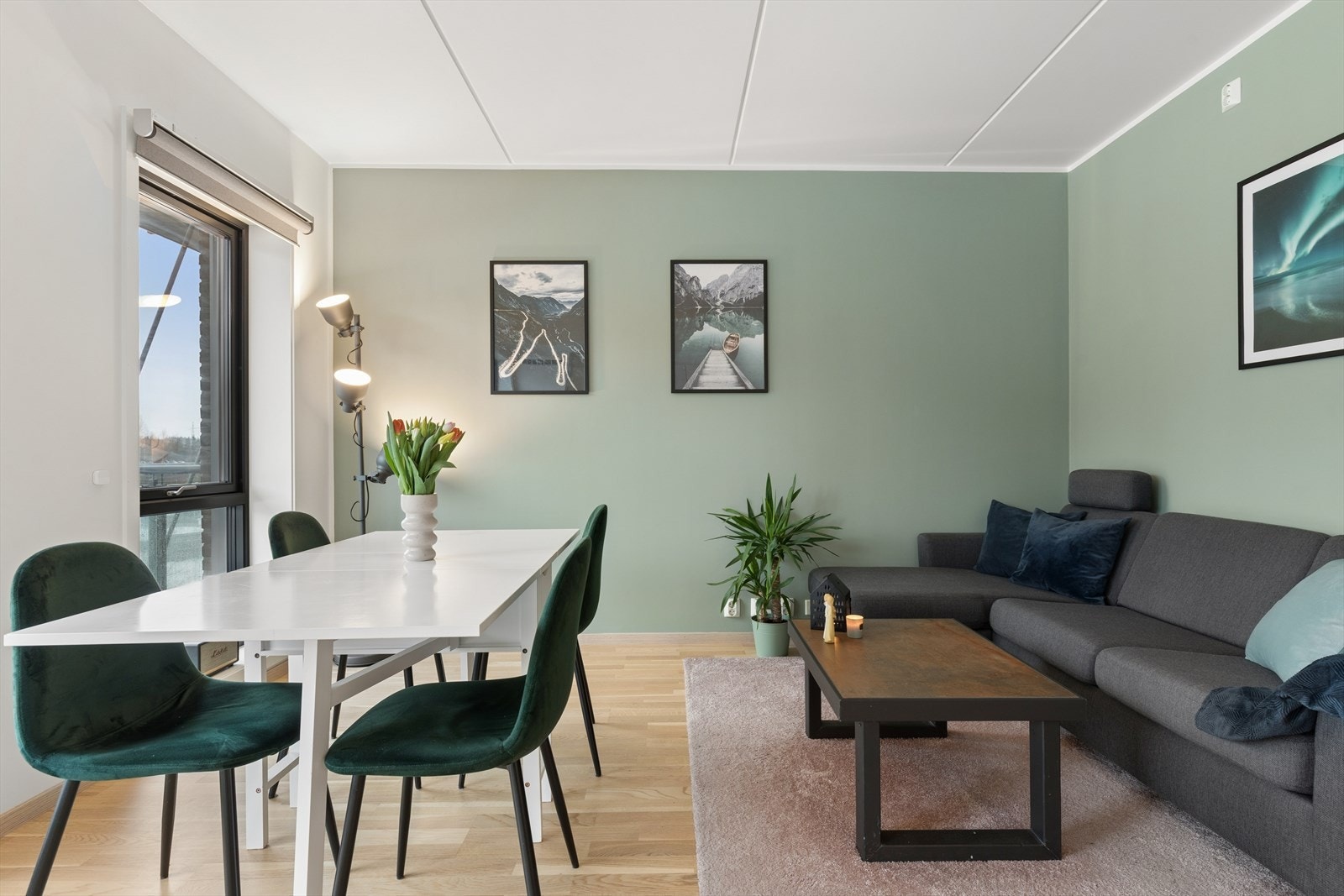 Oppholdsrommet er enkelt å møblere med både sofagruppe og spiseplass. Galleribilde