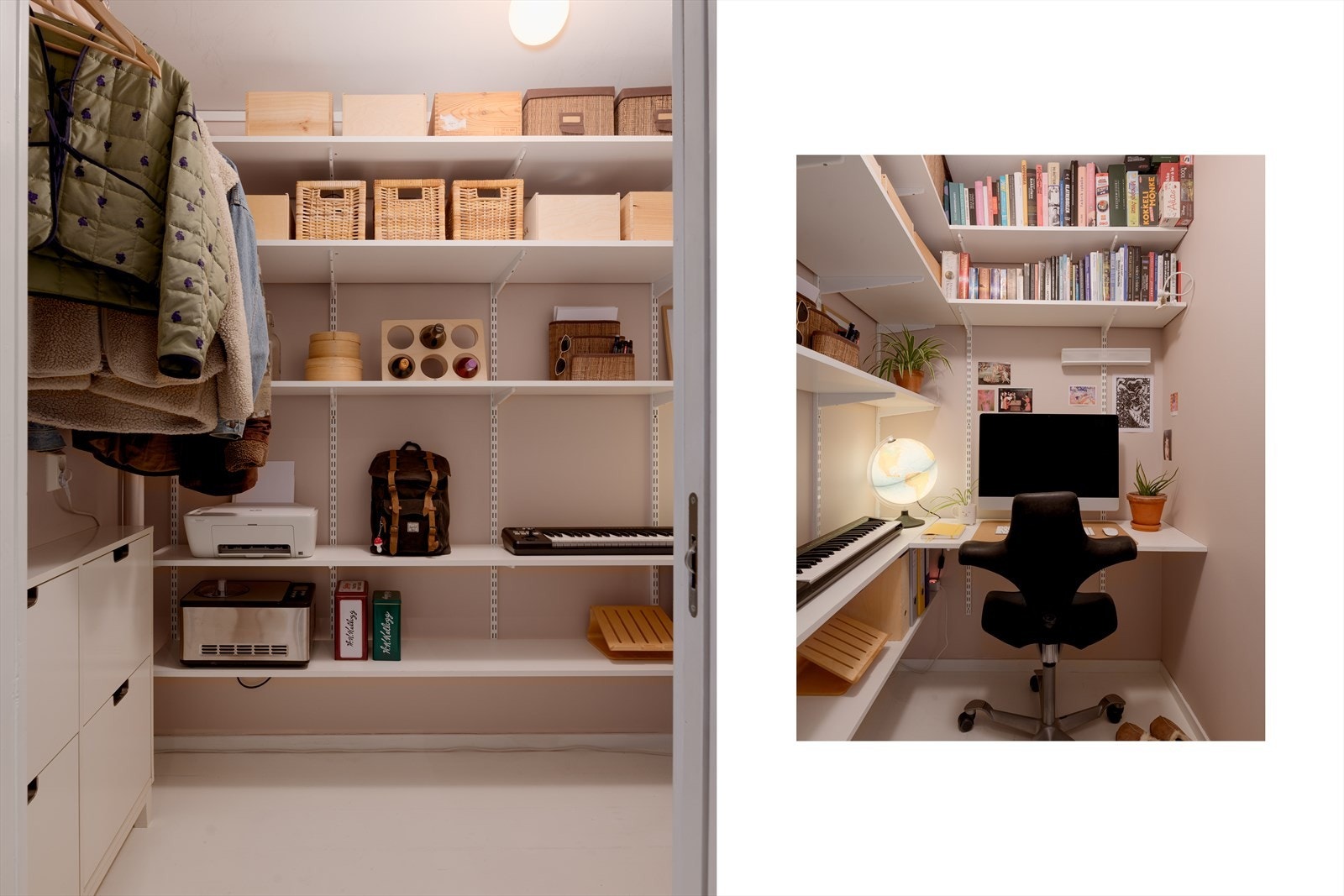 Garderoben har rikelig med oppbevaringsplass og blir i dag også brukt som hjemmekontor. Galleribilde