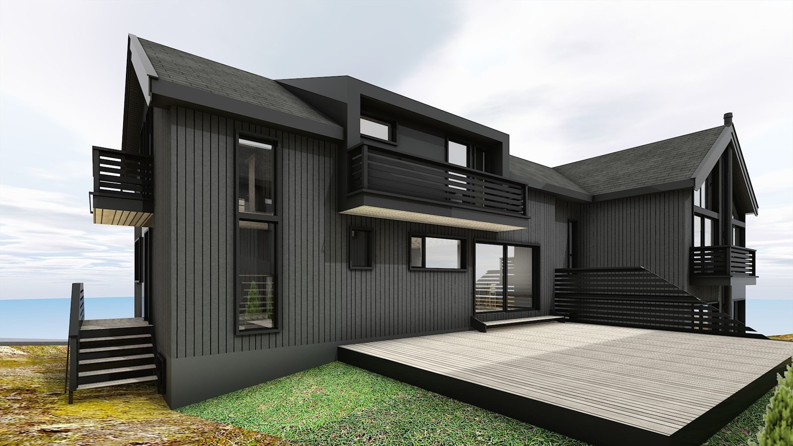 Illustrert bilde av tomannsbolig med tilbygg og fasadeendringer. Galleribilde