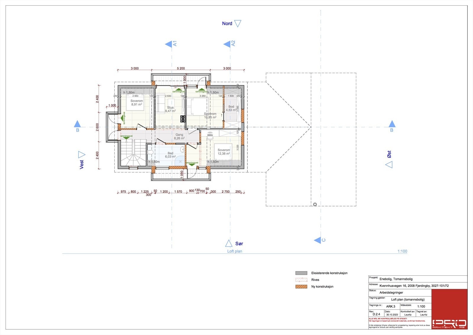 Plantegning loftsplan fra rammetillatelse tomannsbolig Galleribilde