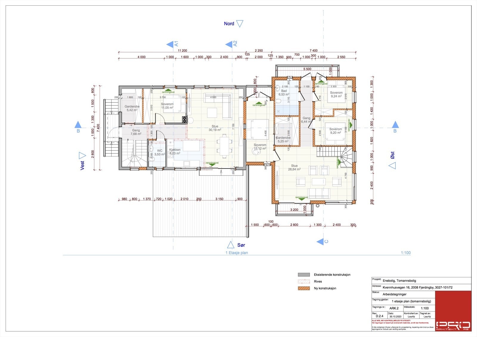 Plantegning 1. etasje fra rammetillatelse tomannsbolig Galleribilde
