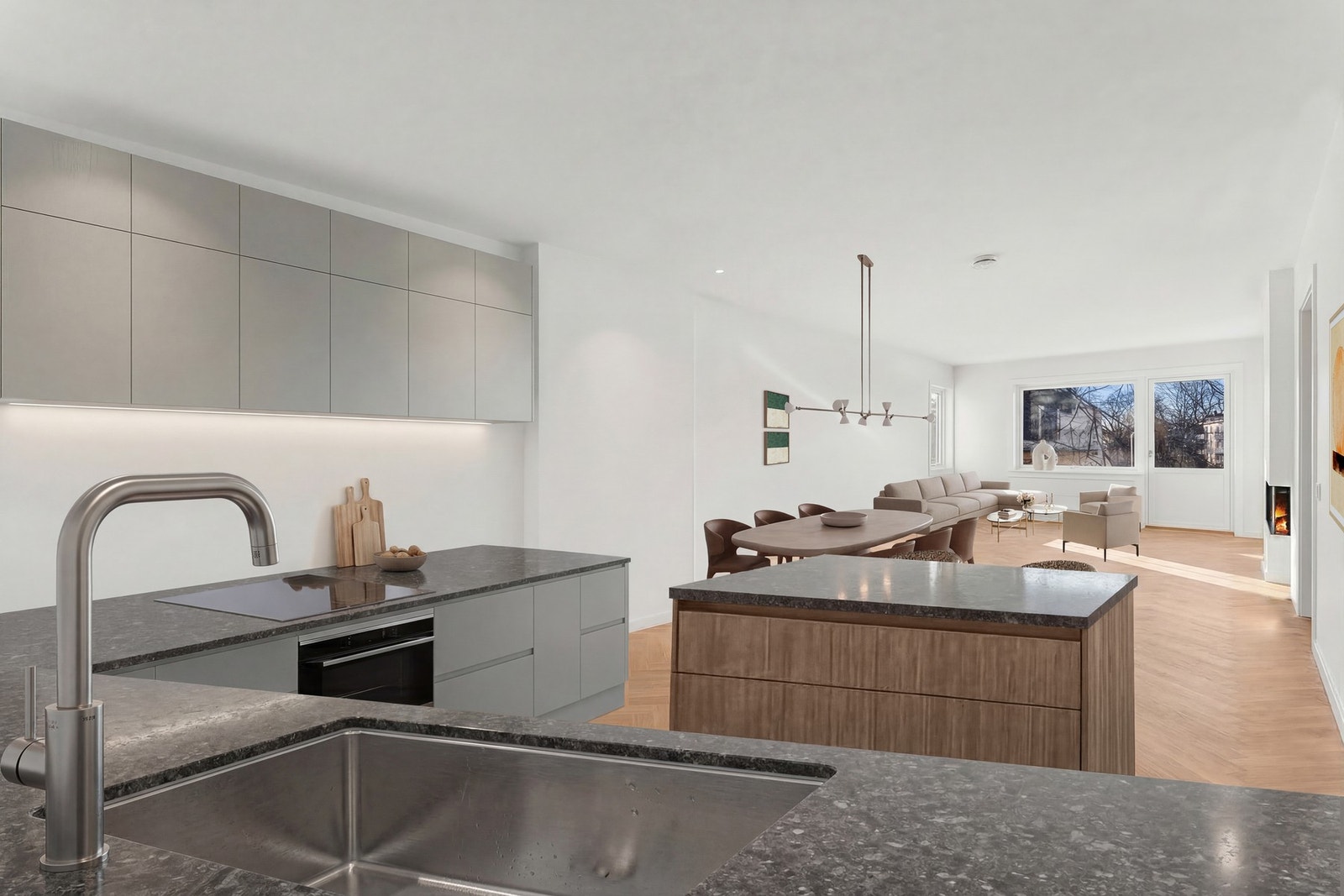 Digital illustrasjon av en mulig utførelse av leiligheten renovert Galleribilde