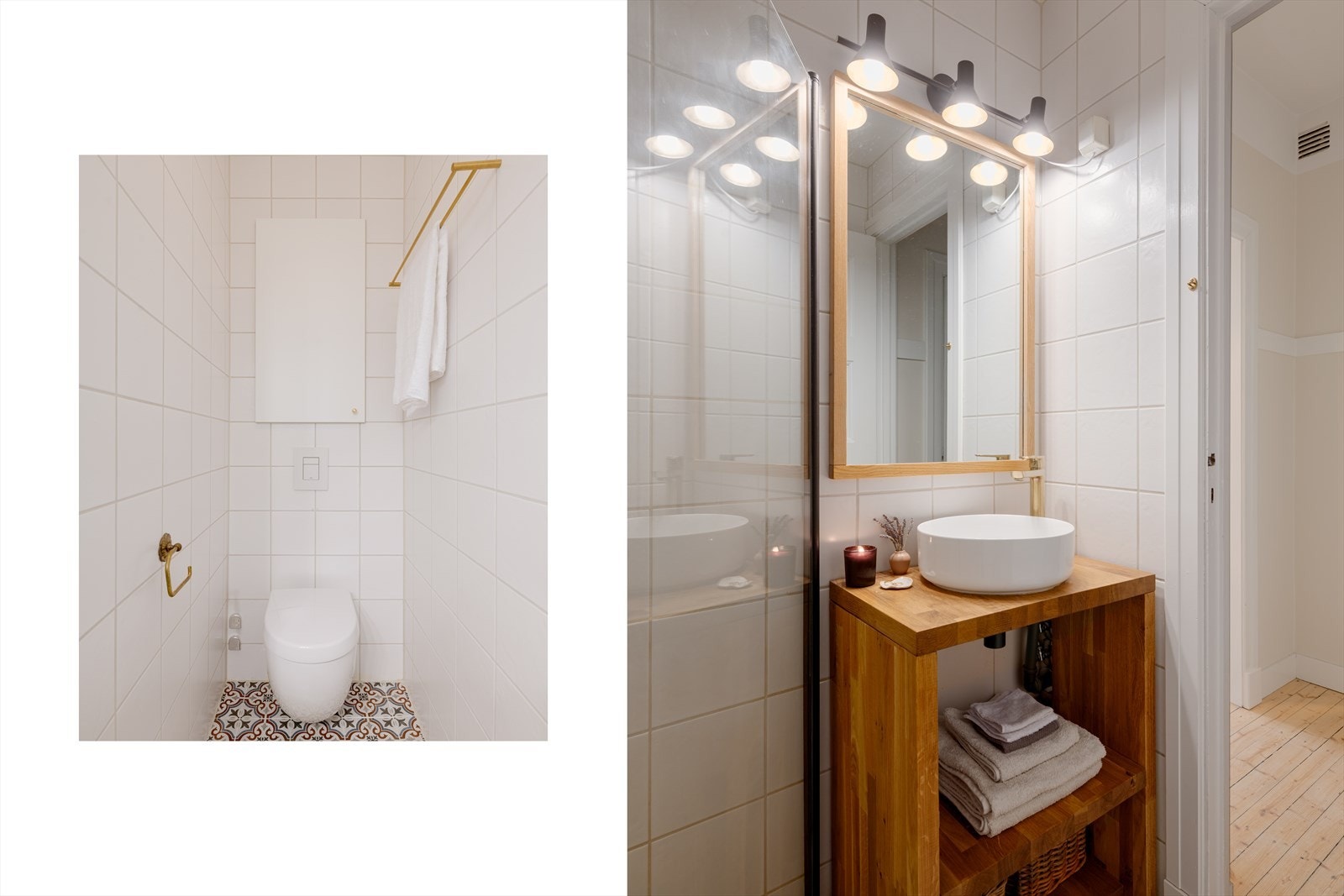 Baderommet er innredet med en praktisk oppbevaringsnisje over toalett, oppheng for håndklær. samt gode oppbevaringsmuligheter i plassbygd servantskap. Galleribilde