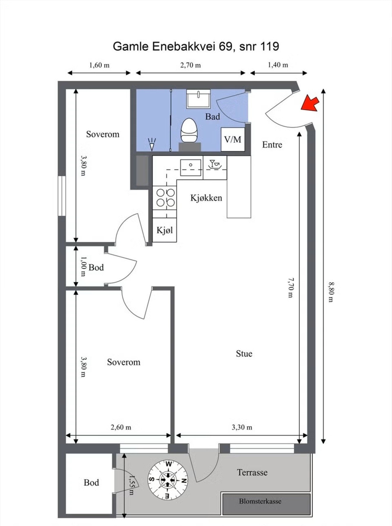 Planskisse. Leiligheten disponerer kjellerbod på 3 m² i tillegg. Galleribilde