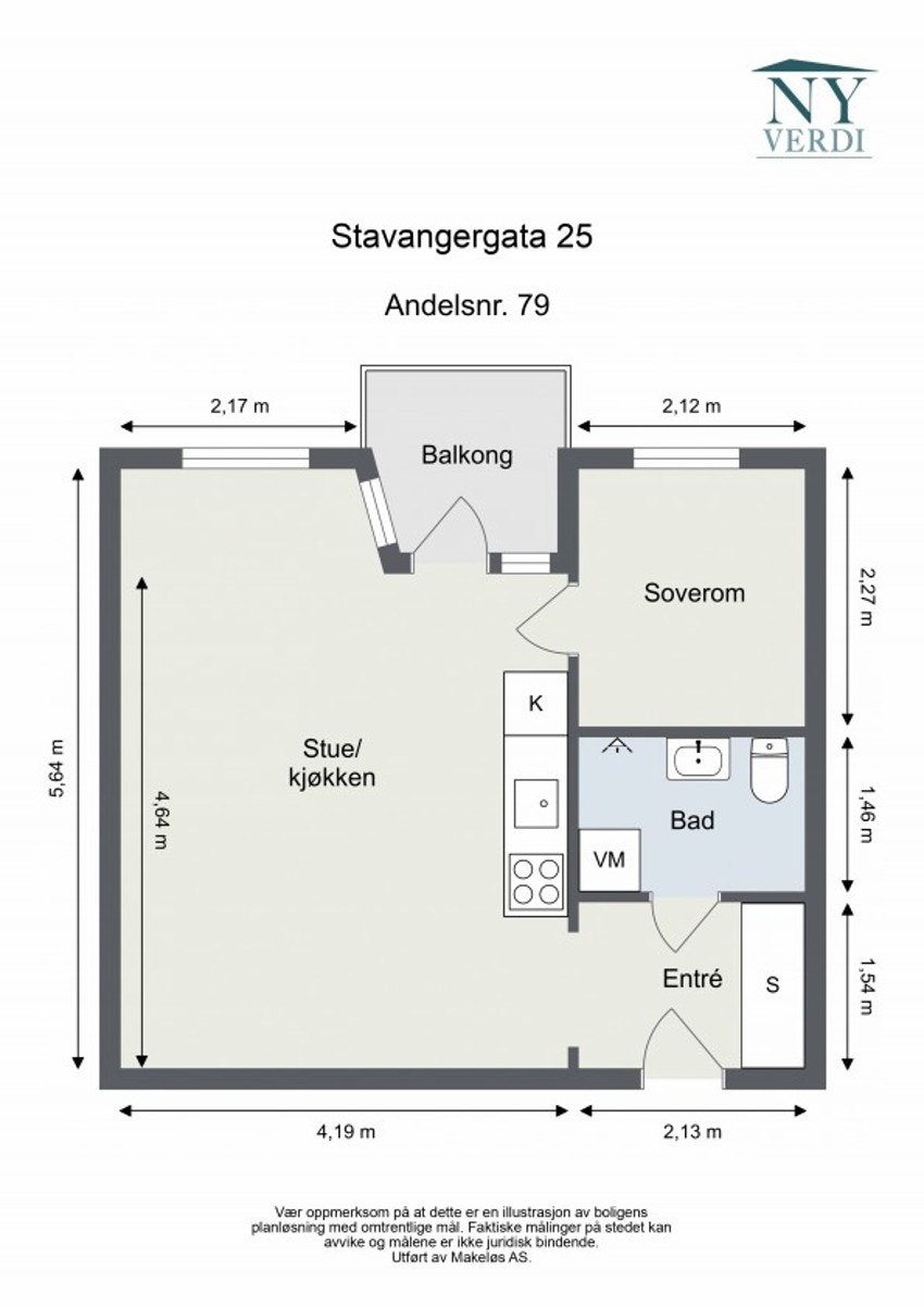 Plantegning 2. etasje. I tillegg disponerer leiligheten en loftsbod på ca. 1,2m². Heis i bygget. Galleribilde