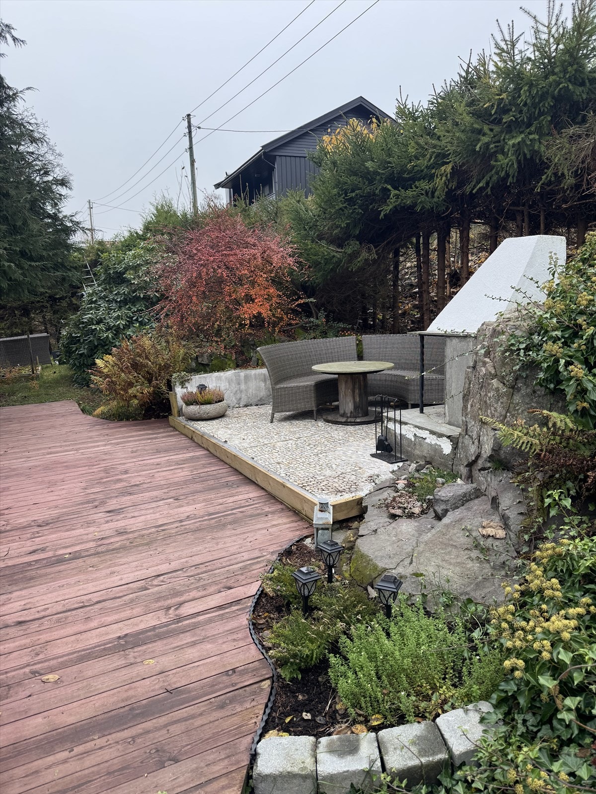 Hagen har tre epletrær, ett plomme- og ett kirsebærtre har hagen. Det har også vært dyrket jordbær, bringebær, stikkelsbær, bjørnebær og blåbær - samt at et stort urtebed Galleribilde