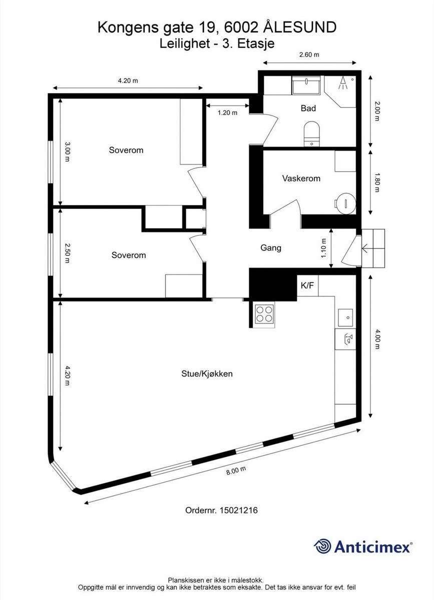Plantegning av leiligheten H303. Bruttoareal 95 m². Gangen er formet som en L som fører til alle rom. Alle rom er møblerte. Galleribilde