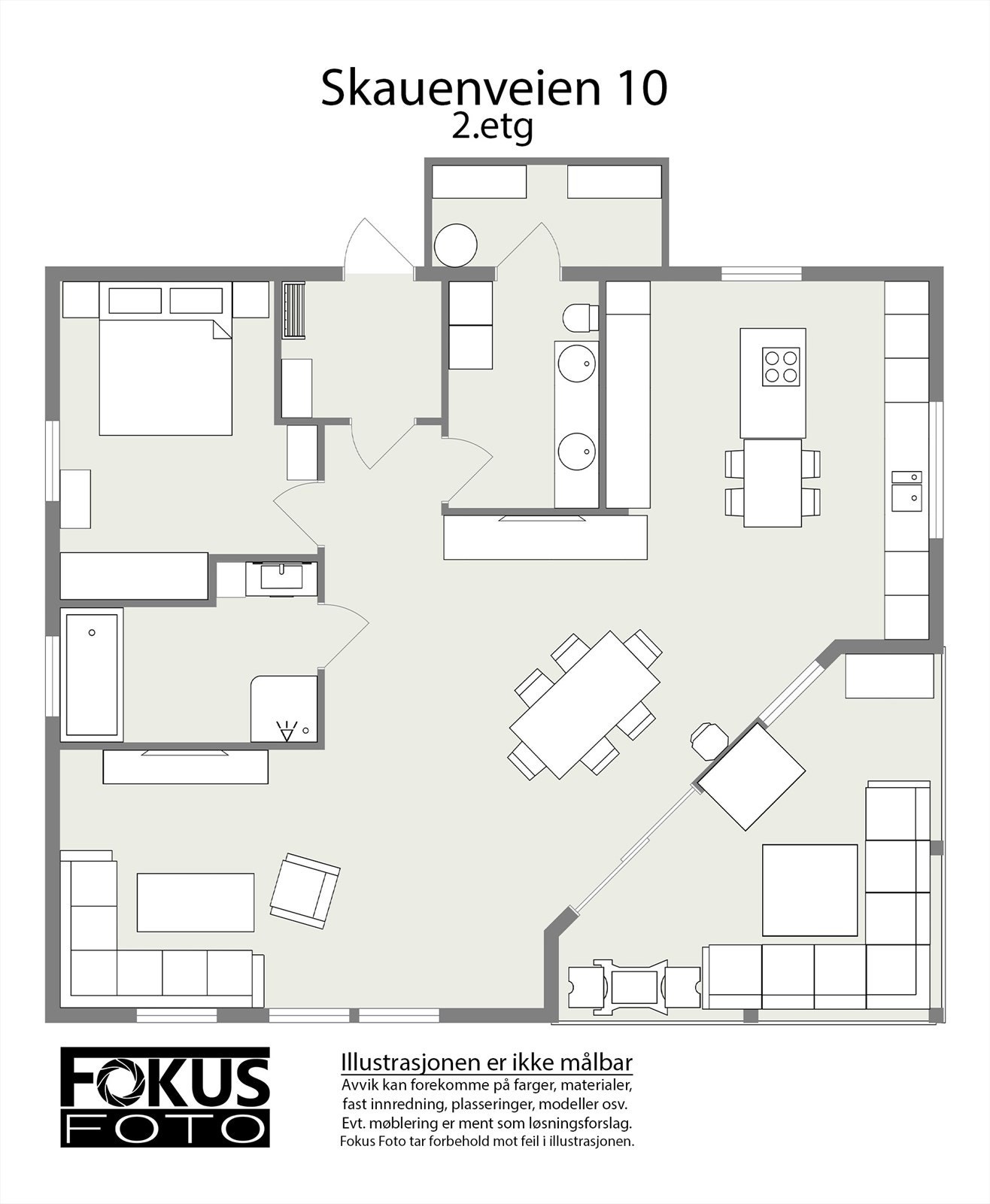 Hovedplanet på 102 m² har en åpen løsning mellom stue og kjøkken med utgang til innglasset veranda. To soverom, bad, bod og vaskerom. Galleribilde