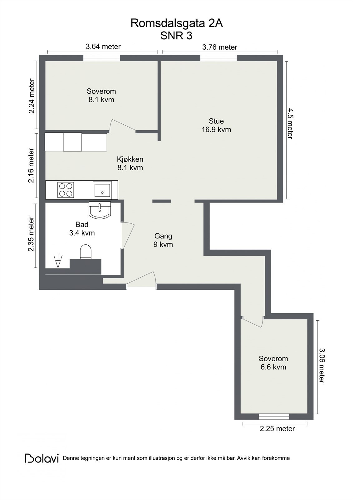 Leiligheten ligger i 1. etasje og inneholder entré stue, kjøkken, 2 soverom og bad. I tillegg disponerer leiligheten en kjellerbod. Galleribilde